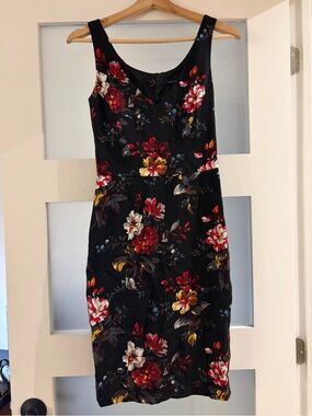 French Connection black floral fitted midi dress